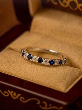 Classic Blue Sapphire and Diamond Sterling Ring - Elegant Blue Band ring 
 Gold